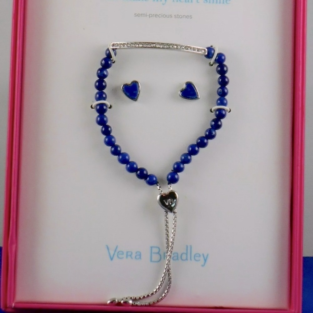 Vera Bradley bracelet earring gift set blue silver adjust heart